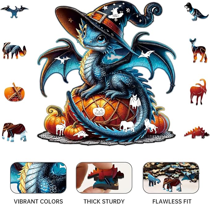 Dragon Wooden Puzzles for Adults,Pumpkin Witch Jigsaw Puzzles 200 Piece,Thanksgiving Birthday Gifts Family Game,Unique Shape Puzzle Challenge 11 x 11 Inch