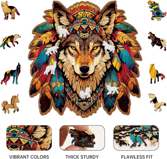 Wooden Puzzle for Adults,Wolf Totem Style Jigsaw Puzzles 200 Piece,Unique Shape Puzzle Challenge 11 x 11 Inch,Birthday Gifts Family Game