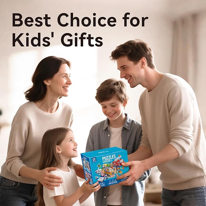 Dotimo 4-in-1 Vehicle Puzzles for Toddlers 3-5 – Fire Truck, Police Car, Ambulance & Cement Mixer Puzzles, 24/30/35/48 Piece Educational Games with Storage Box