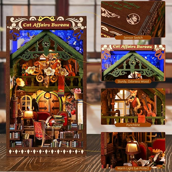 Book Nook DIY Kit for Adults Wooden 3D Puzzle Story 3D Bookend Bookshelf Decoration Miniature Doll House Interior Goods Gift,Cat Affairs Bureau