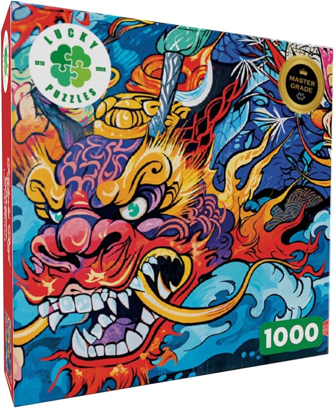 Lucky Puzzles - Kabuki Red Dragon - 1000 Piece Jigsaw Puzzle for Adults | Vibrant Graffiti Art Puzzle | Best New Japanese Dragon Puzzle