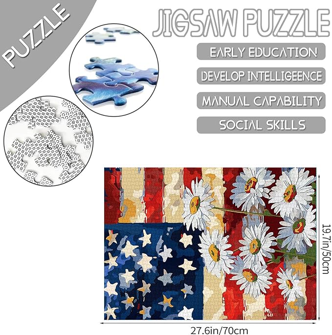Patriotism 1000 Piece Jigsaw Puzzles for Adults Native American Flag Painting Jigsaw Puzzle White Daisy 1000 Pieces Puzzles Game Home Wall Decor DIY Craft Tropical Flower Puzzle Art(Colorful)