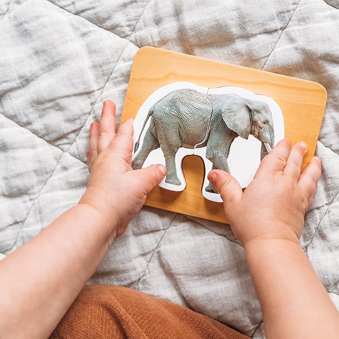 Wooden Montessori Animal Puzzles for Toddlers 2+ Years - Realistic Chunky Safari Animal Shape Puzzle - Educational Learning Toy