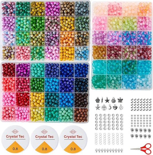 Glass Beads Kit for Jewelry Making - 3 Box Set 72 Colors, 3000pcs Round Colorful Beads for DIY Bracelet Necklace Earring Keychain, Colorful Glass Beads Bracelet Making Kit - 6mm