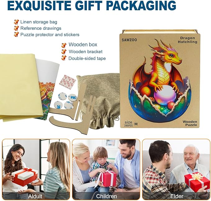 Wooden Jigsaw Puzzles for Adults and Kids, Dragon Hatchling 200 Piece Unique Shaped Puzzle, Family Game and Creative Wooden Puzzle Gift, Wall Art Decor