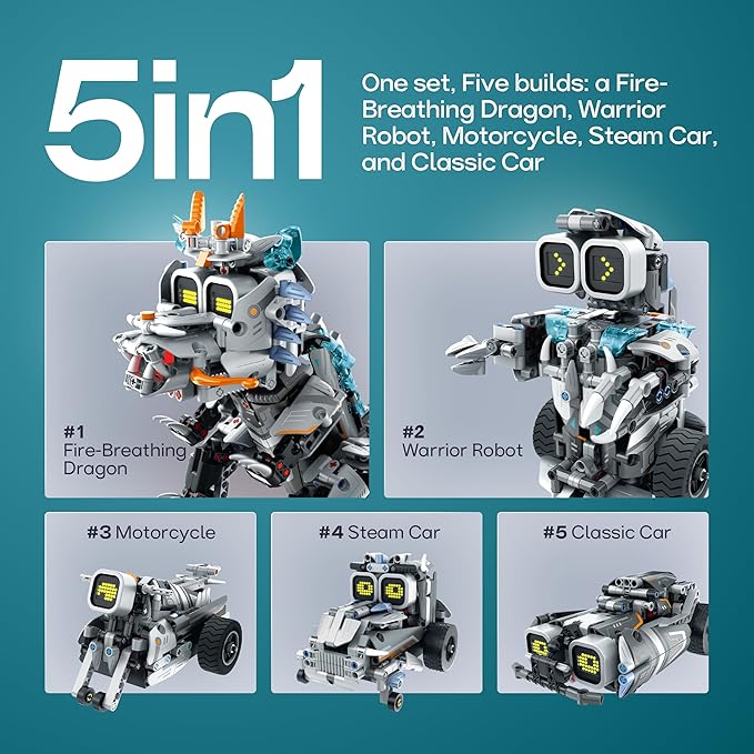AoHu Robot Building Kit with Remote Control STEM Gifts for Kids Boys Age 8-12, Coding Buildable Dinosaur Technic Robotics Toy Set for Birthday Christmas, Build 5-in-1 Models with 646 Pieces