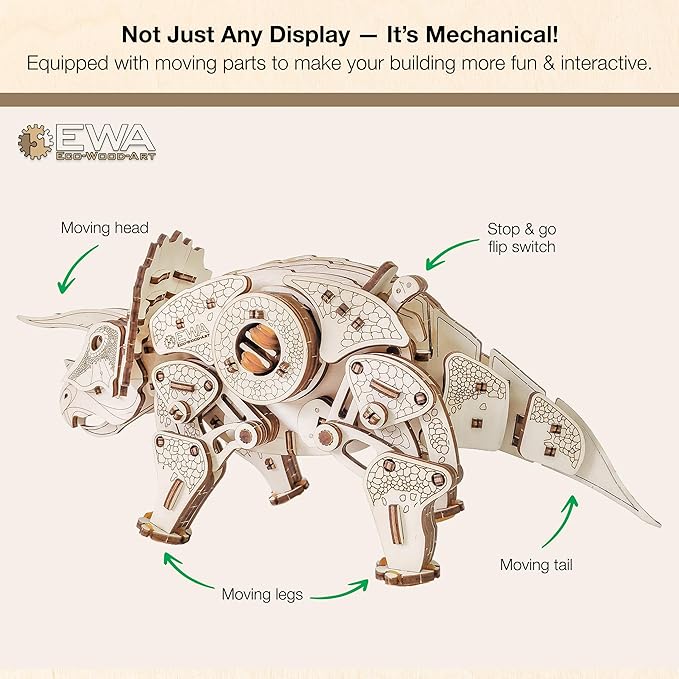 3D Wooden Puzzle - Triceratops 3D Puzzle with Wind Up Rubber Band Mechanism, Moving Legs, Head & Tail - 3D Wooden Puzzles for 15 yrs Above & Adults - Model Building Kits by Eco Wood Art, 283 Pieces
