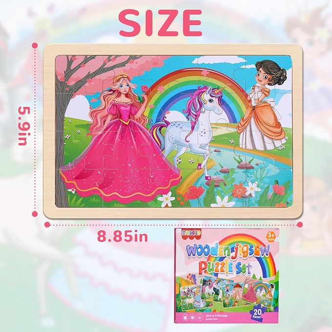 Wooden Educational Jigsaw Puzzles for Preschool Kids Ages 3-5, 4-Pack with 20 Pieces Unicorn Princess Wood Puzzles Set, Toddler Brain Teaser Toys, Preschool Gifts for Boys Girls Ages 3 4 5 6