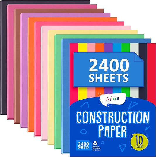 Alitte Construction Paper Assorted Colors - (2400 Sheets, 9x12), Craft Paper, 10 Bright Colors - Bulk Pack Arts & Crafts Projects - Colored Paper For Preschool, Home, And Classroom Supplies