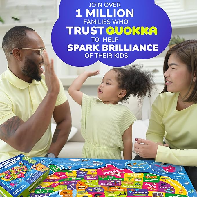 QUOKKA United States Puzzles for Kids Ages 4-6 - 70 Pcs Floor Puzzles for Kids Ages 6-8 Preschool Activities - Includes 50 Cards with 400+ USA Facts- State-Shaped Jigsaw Puzzle Gift for Girls Boys