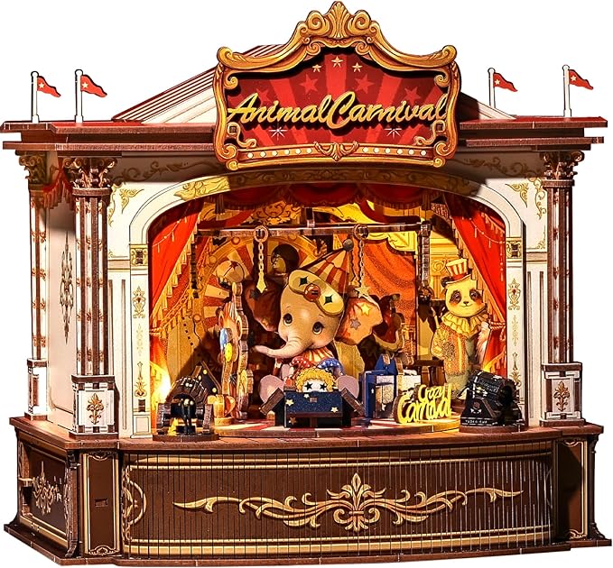 CUTEBEE 3D Puzzles Wooden Theater for Adults - DIY Music Box Rotating Miniature House Kit Model Building Set with LED Light, Home Bookshelf Decor, Unique Birthday Gifts (Animal Carnival)