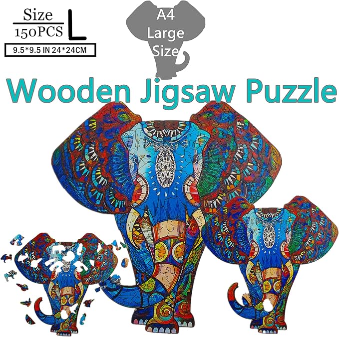 Wooden Jigsaw Puzzle for Adults,Unique Elephant Animals Shaped Magic Jigsaw Puzzle Pieces Best Gift for Adults,Can be Used as a Cool Mouse Pad, 150pcs,(9.5x9.5 inches) Large…