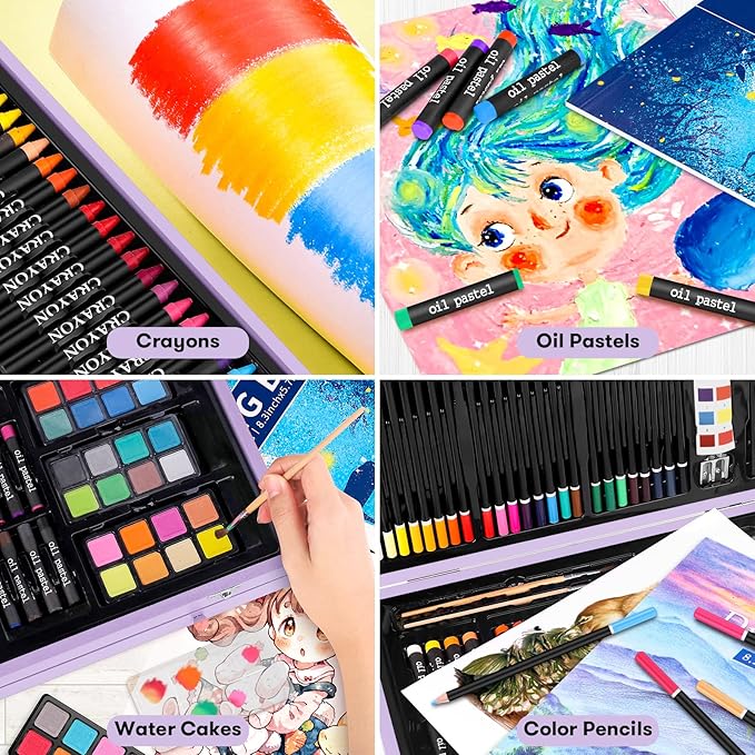 Stocking Stuffers for Kids Teens Adults, Birthday Party Art Supplies, Christmas Gifts for Teenagers, 150-Pack Wooden Art Set Crafts Drawing Painting Kit with 1 Coloring Book, 2 Sketch Pads