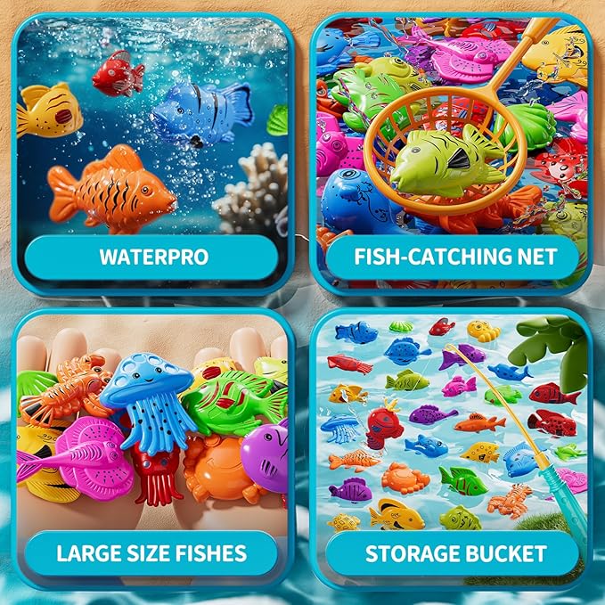 Magnet Fishing Toys Game for Kids 3-5 - Floating Fish Toys with Inflatable Kiddie Pool, Bath for Toddlers, Pole Rod Net, Outdoor Party for Boys Girls Kids Age 3 4 5 6 7 8 Year Old