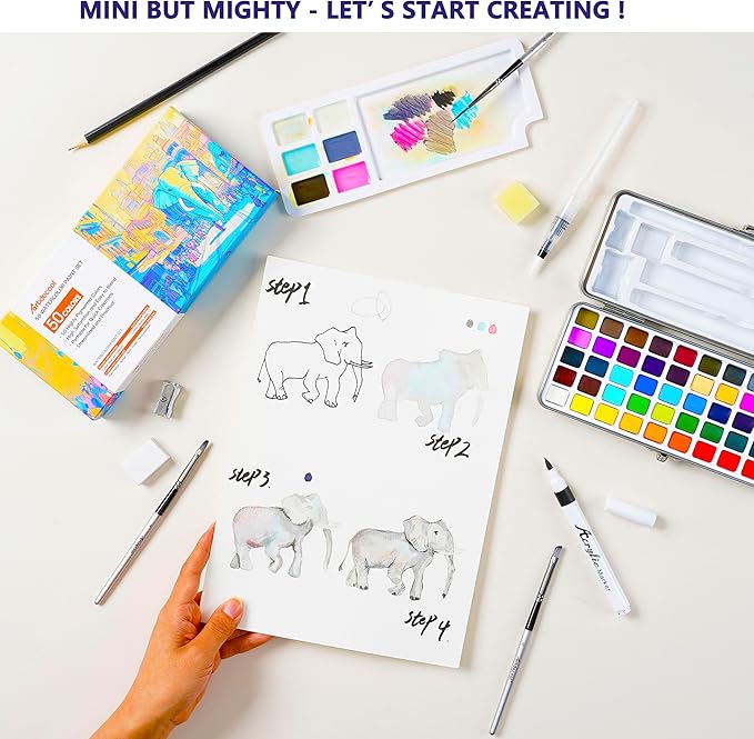 Watercolor Paint Set, 50 Colors, Paint Brushes and Palette included, Including Metallic and Fluorescent Colors, Art Supplies, for Artists, Amateur Hobbyists and Painting Lovers