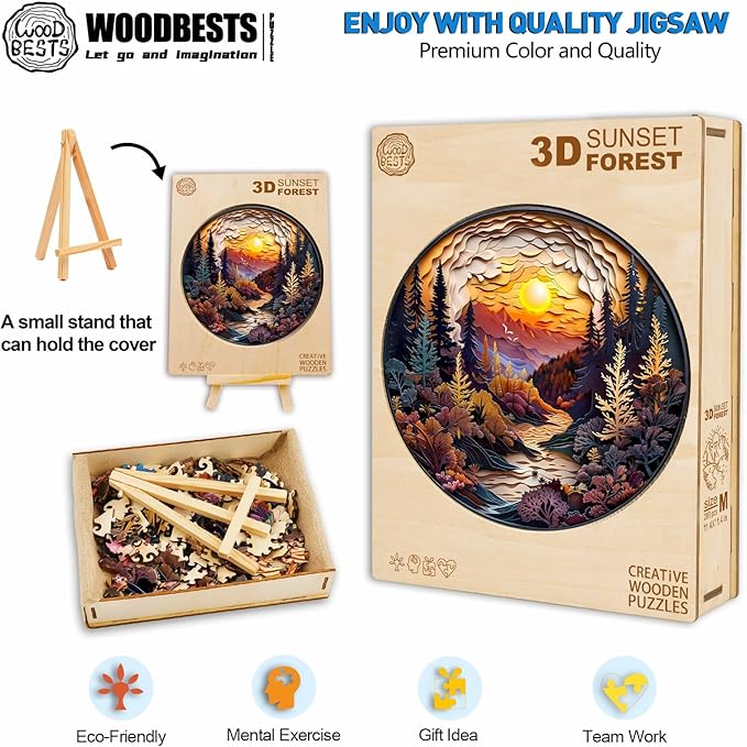 WOODBESTS Wooden Puzzles for Adults, 3D Sunset Forest Wood Puzzles Adult(200 Pieces, M, 11.4 * 11.4in), Unique Shape Wooden Animal Jigsaw Puzzles, Birthday Gifts for Adults Family Game