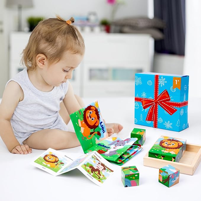 Wooden Animals Block Puzzles for Kids, Puzzles for Ages 2-4 with Book, Jigsaw Puzzles Preschool Learning Educational Toys Gift for Boys Girls, Wood Farm Cube Puzzles for Toddlers 2 3 4 5 6 Years Old