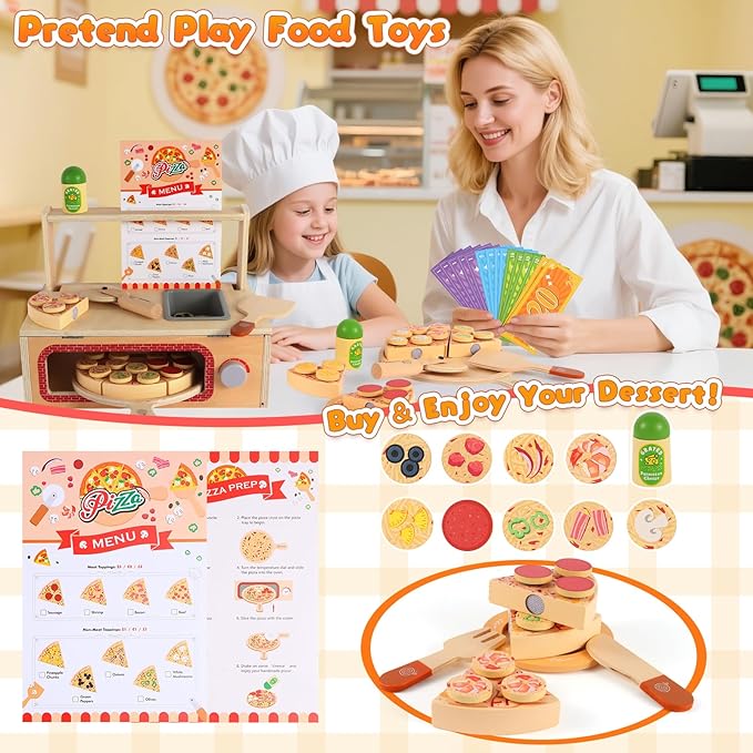 Wooden Pizza Toy Set for Kids, 68PCS Montessori Pretend Play Food Toys, Wooden Pizza Counter Playset with Bake Oven & Toy Dishes, Develop Imagination, Ideal Gift for Boys & Girls Aged 3+