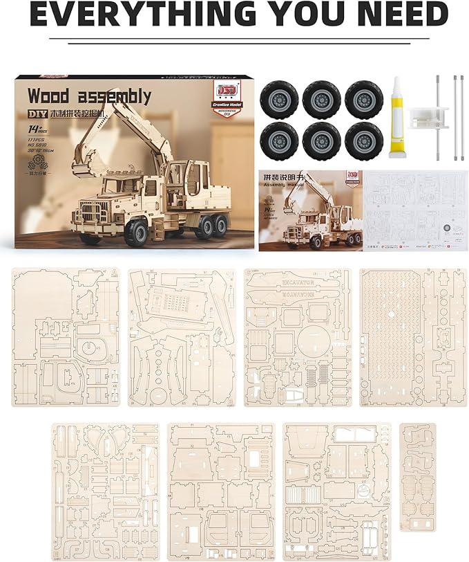 3D Wooden Puzzle for Adults, Excavator Wooden Mechanical Model Car Kits to Build, Brain Teaser Pull Back Truck Toys Birthday for Men Women (Excavator)