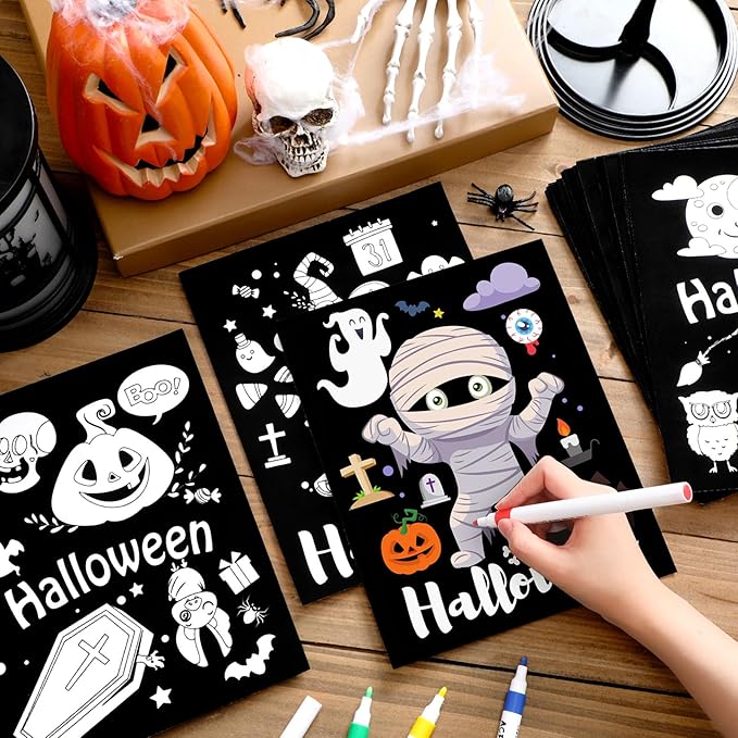 Zhanmai Pack of 48 Halloween Velvet Coloring Posters and Watercolor Pens Fuzzy Velvet Coloring Posters for Adults Teenagers Large Poster for Pumpkin Ghost Skeleton Arts Crafts Activity