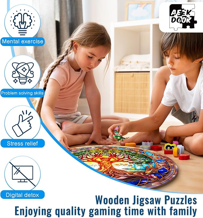 Wooden Puzzles for Adults - 300 Pieces Stained Glass Tree of Life Wooden Puzzle - Unique Animal Shape Wood Cut Puzzles - Eco-Friendly Home Office Decor (L-13.4 * 13.4in)