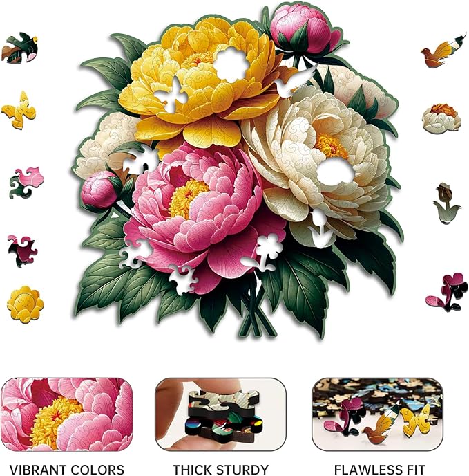 Wooden Puzzle, Multi-Color Peony Flower, Adult Wooden Puzzle, Colorful Wood Carving Puzzle Designed for Family and Friends, 11 * 11 inches, 200 Pieces (Medium)
