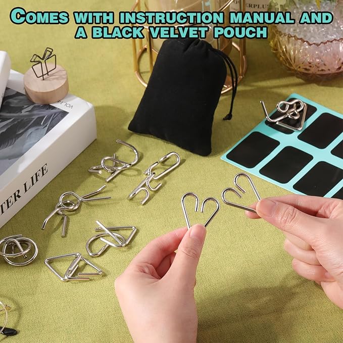Yilloog Metal Wire Puzzle Set of 8 with Pouch, Brain Teaser Puzzles IQ Test Ring Disentanglement Unlock Interlock Game Trick Metal for Party Favor Challenge(B Style)