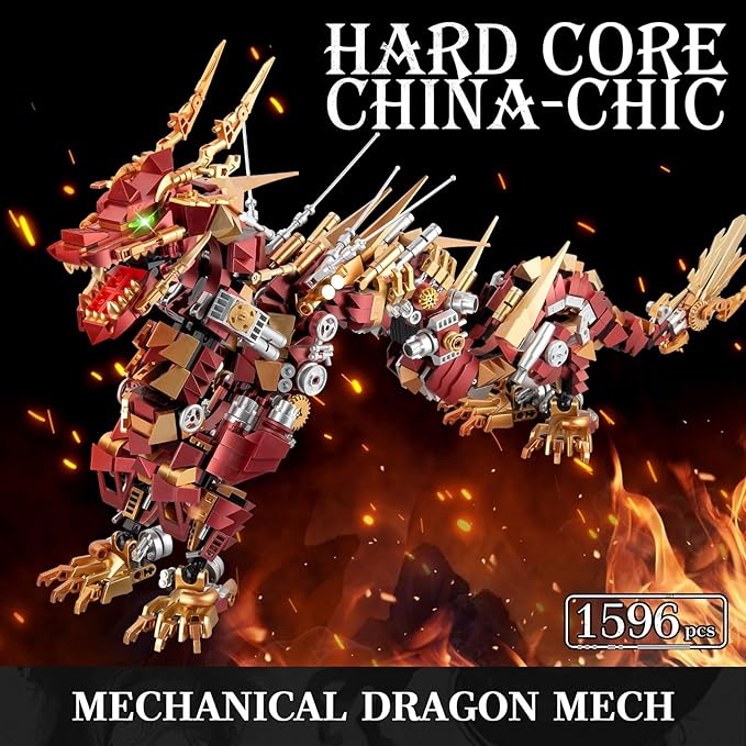 HIGH GODO Dragon Building Blocks Sets for Adults, Red Mechanical Dragon Animal Building Model Collectible Display Toys, Cool Toys Gifts for Boys Teens Fans (1596 Pieces)