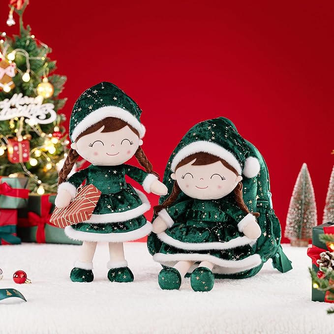 Gloveleya Plush Backpack Toddler Backpack Removable Doll and Backpack Baby Girl Gifts for 2 to 8 Years Girl Birthday Gifts with Green Doll 11”