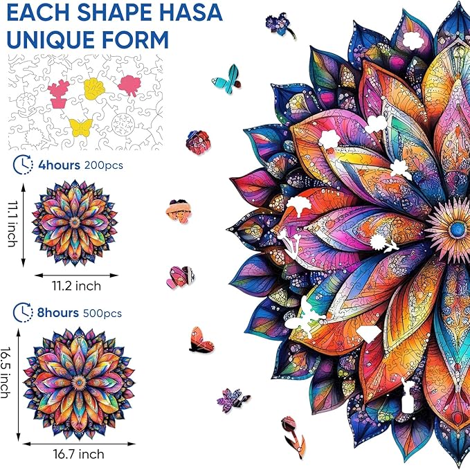 Wooden Puzzle Geometric Colorful Mandala-500 Pieces Round Blue Board Colorful Mandala Jigsaw Puzzle Royal Unique Shape Puzzles, Irregular Puzzle Creative Gift for Adults(16.7 * 16.5 in)