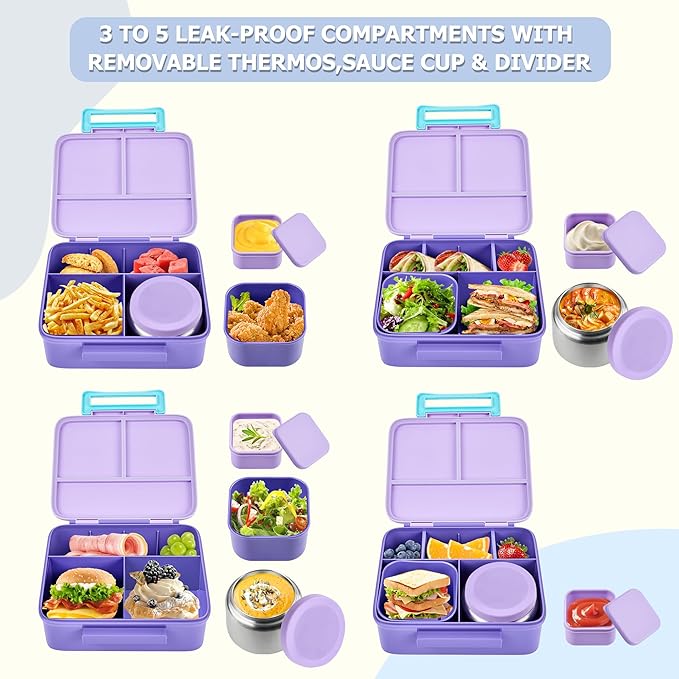 MAISON HUIS Kids Bento Box Set - Includes 8oz Soup Thermo, Insulated Lunch Bag & 17oz Stainless Steel Water Bottle, 5-Compartment Bento Box with Built-In Ice Pack, Leak-Proof & BPA-Free(Purple)