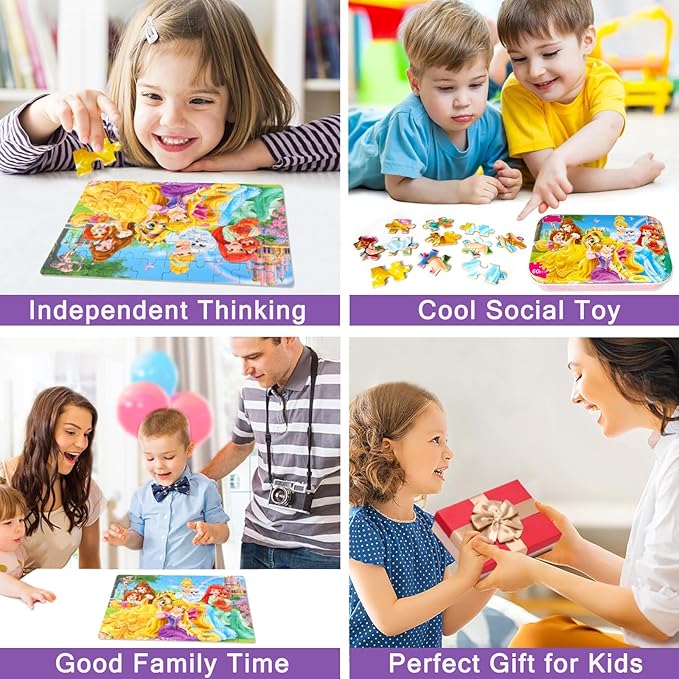 Princess Puzzles for Kids Ages 4-8, 60 Pieces for Kids Ages 3-5 Princess Puzzle for Girls and Boys Toys Jigsaw Puzzles in a Metal Box Educational Puzzles (Princess)