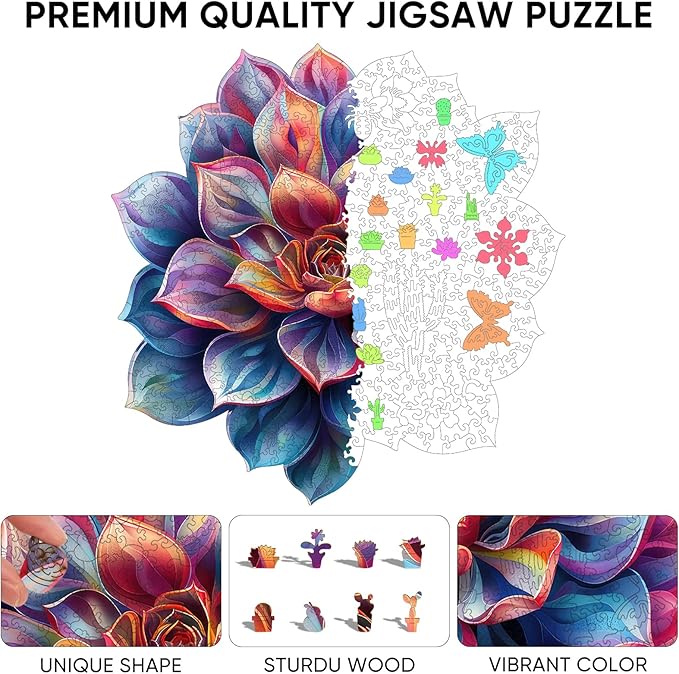 Wooden Puzzles for Adult, Flower Succulent Puzzle for Girl, Challenging Puzzle, 200 Piece Luxurious Shaped Wooden Puzzles for Adults, Family Game 11.2 * 15.9in