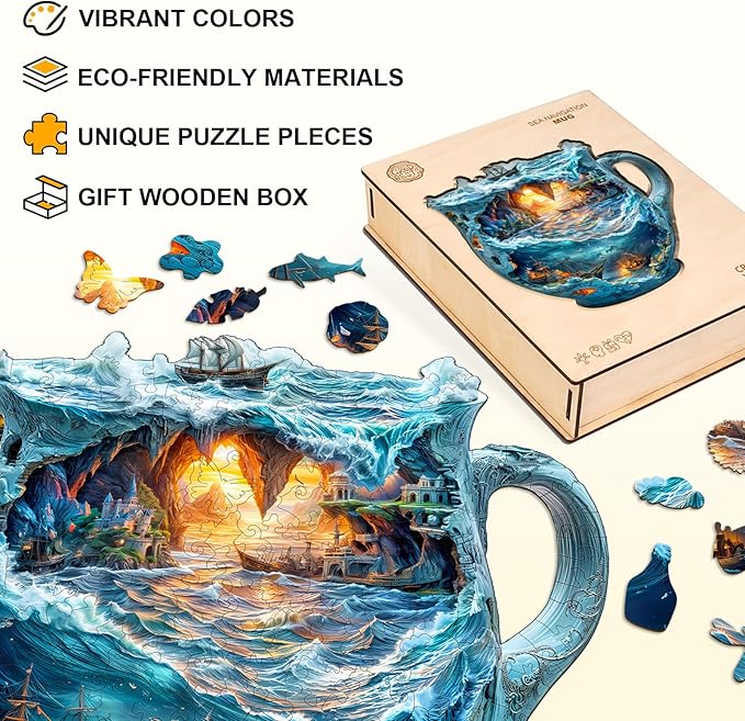 Wooden Puzzles for Adults, Wooden Jigsaw Puzzles for Adults Kids, Sea Navigation Mug Unique Shaped Wood Puzzles Adult, Creative Birthday Gifts for Friends Family Game(11.4 * 11.1in 180pcs)