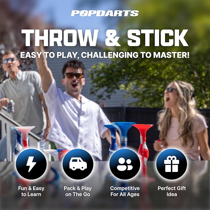 Popdarts USA Themed PRO Pack Game Set (Red White Blue Wigglenobber Target Marker) - Indoor, Outdoor Suction Cup Throwing Game - Competition with a POP