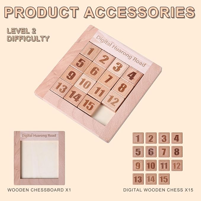 Wooden Number Sliding Puzzle，Brain Teasers Toy Tangram Slide Puzzle Game，Sequential Puzzles Board Game，Educational Toys for Kids and Adults (1-15 Medium Size)