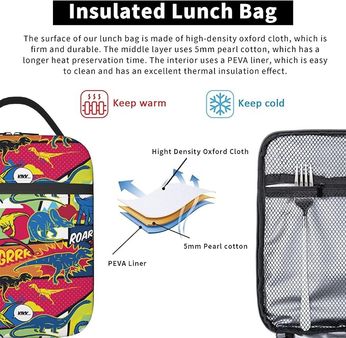 Cartoon Dinosaur Reusable Lunch Box Food Bag Insulated Lunch Bag for Teenage Boys Girls School Beach