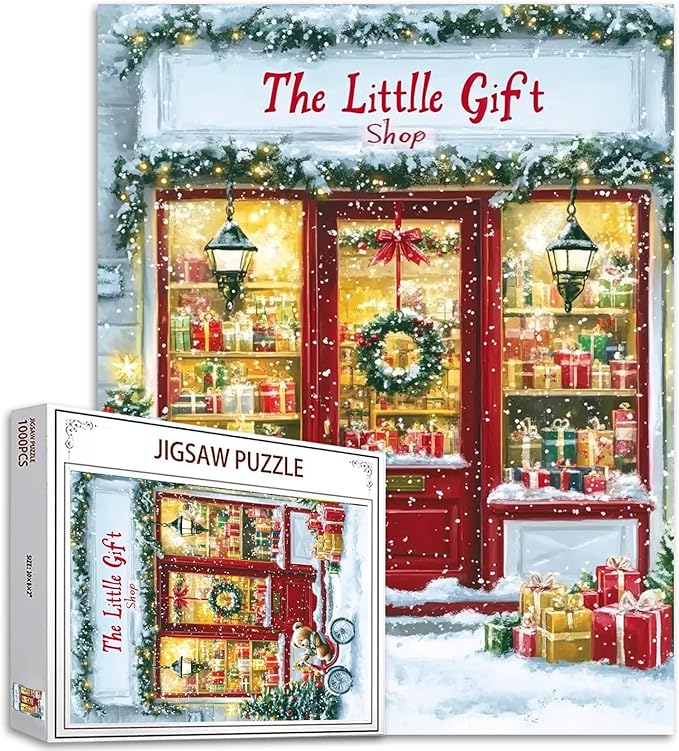 Chiristmas Day 1000 Piece Jigsaw Puzzles for Adults Festivas Gift Shop Painting Jigsaw Puzzle Gift Box 1000 Pieces Puzzles Game Home Wall Decor DIY Craft Xmas Tree Puzzle Art Winter Scene