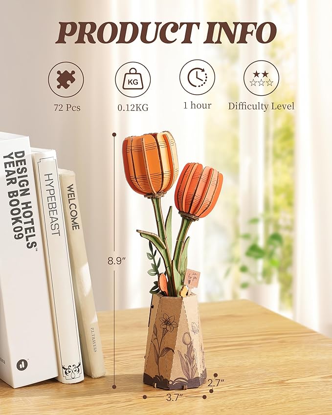 rowood Wooden Flower,DIY Artifical Flower Building Set Craft Kit for Adults,Mother's Day/Valentine's Day for Mom/Women/Grandma-Orange Tulip