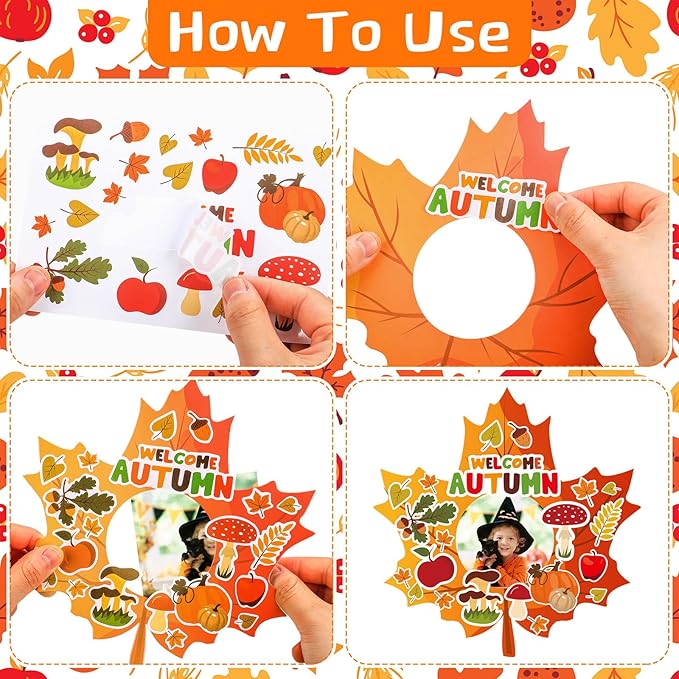Jetec 48 Packs Fall Picture Frame Craft Kits Maple Leaf Shape DIY Photo Frame with Stickers Make Your Own Picture Craft for Thanksgiving Autumn Home Classroom Decor