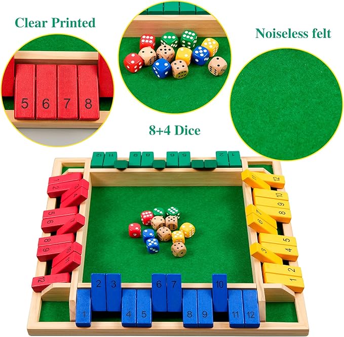 14 inches Shut The Box Dice Game, 2-4 Player Upgraded 12 Numbers Wooden Board Table Math Games for Adults and Kids, 12 Dices Classics Tabletop Version Games for Classroom,Home,Party or Pub