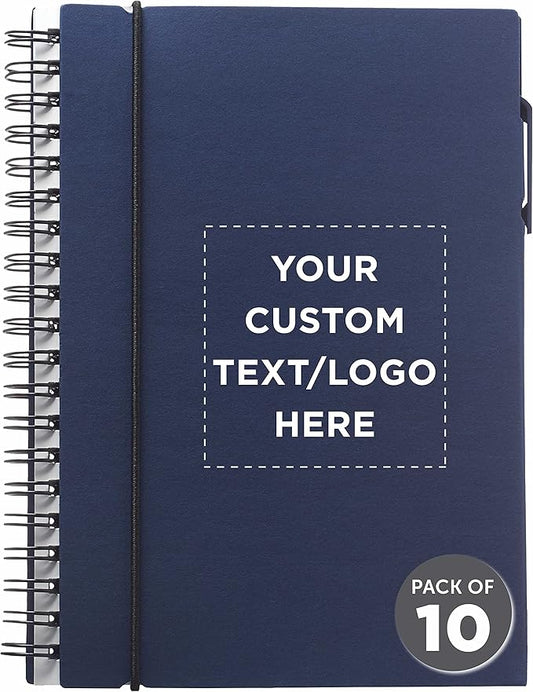 DISCOUNT PROMOS Custom Spiral Notebooks with Elastic Closure Set of 10, Personalized Bulk Pack - Perfect for School, Office, Business and More - Navy Blue