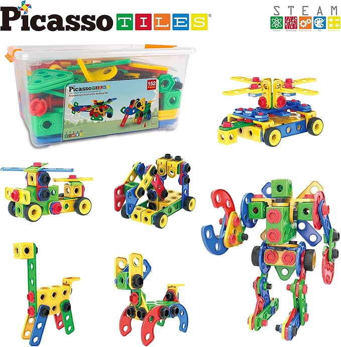 PicassoTiles 152pc STEM Construction Toy Building Set for Kids Ages 3+ Includes Power Drill, Ratchet, Idea Book, Storage Box Educational Engineering Science Kit & Sensory Toys for Boys & Girls PTN152