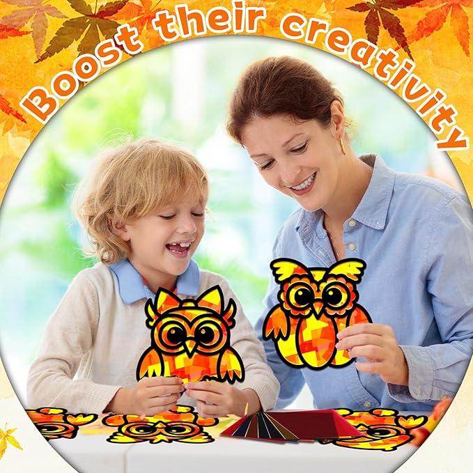 QOUBAI 32 Sets Fall Owl Suncatchers Craft Kit DIY Window Stained Glass Effect Autumn Owl Paper Crafts Home School Classroom Decoration Kid Birthday Gift Creative Art Project Activity Game