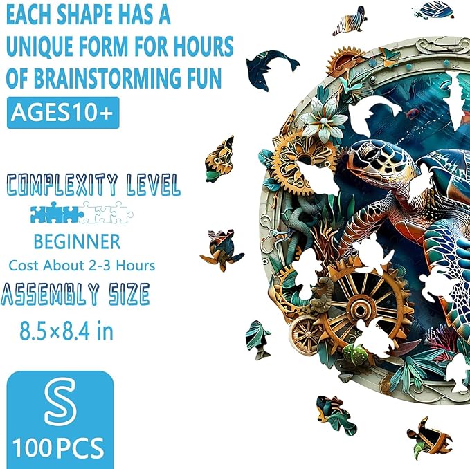 Wooden Puzzles for Adults, Embossed Sea Turtle Puzzle for Adults, Unique Shaped Wooden Jigsaw Puzzle, Wood Puzzles Adult, Fun Gifts for Friends & Family, Wall Art Canvas (S-8.5 * 8.4in-100 pcs)