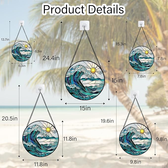 Stained Glass Window Hanging - Blue Green Waves Suncatcher for Door Terrace Garden Home Decor Sunrise Over The Sea Sun Catcher Birthday Gifts for Lovers Women Men Dad Mom Nana 6.3 in