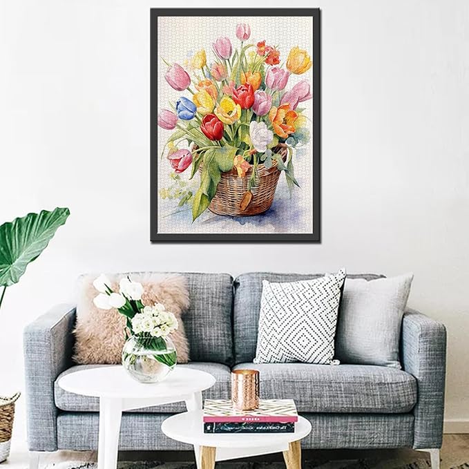1000 Piece Jigsaw Puzzles for Adults Basket Filled with Colorful Tulips Painting Jigsaw Puzzle Flowers 1000 Pieces Puzzles Game Watercolor Style Floral Wall Decor DIY Craft Puzzle Tulips Flower Art
