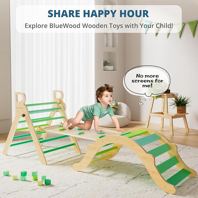 BlueWood Pikler Triangle Set, Toddler Wooden Climbing Toys Indoor 7in1 Foldable Climber for Kids, Montessori Philosophy Play Jungle Gym with Arch, Ramp, Ladder (Green Summer)