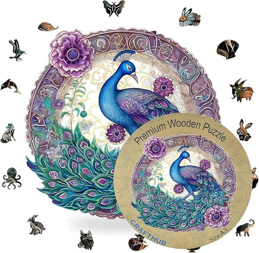CRAFTHUB Animal Wooden Puzzles for Adults – A3 Enchanted Peacock with 129 Pieces – Jigsaw Puzzles with Unique Animal Shapes – 7.6" x 7.5"
