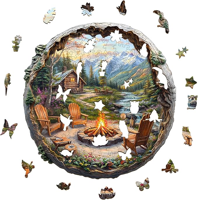 Wooden Puzzles for Adults - 3D Outdoor Bonfire Wooden Puzzle - Unique Animal Shape Wood Cut Puzzles - Eco-Friendly Home Office Decor (S-8.5 * 8.3in)